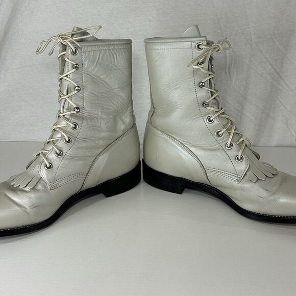 Justin Roper Womens Size 9 B Pearl White Leather Lace Up Kilt Ankle Cowboy Boots - Picture 3 of 9